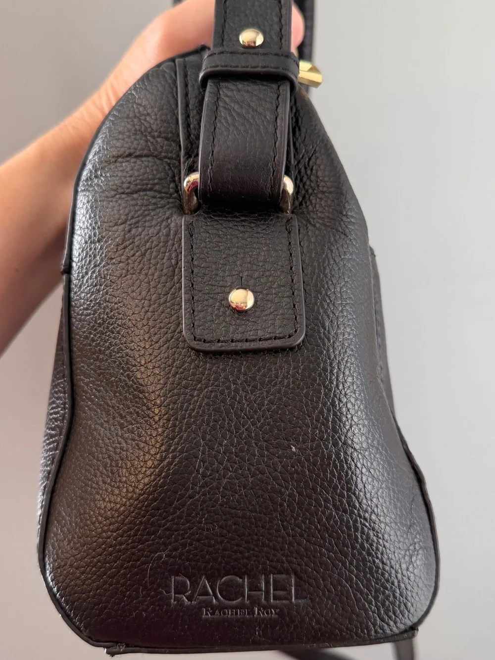 Rachel Roy Black Leather Satchel Handbag with Gold Hardware